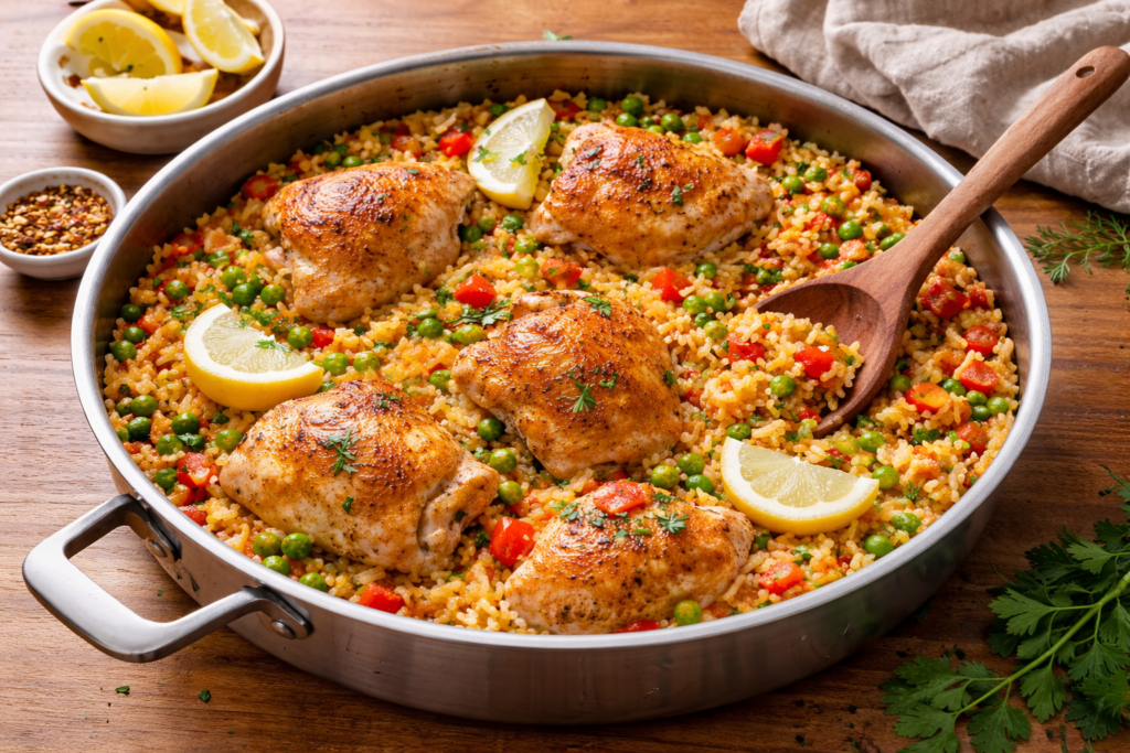 Arroz com frango simples feito em uma panela