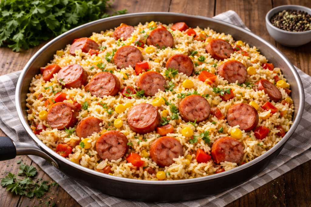 Arroz com salsicha simples e barato